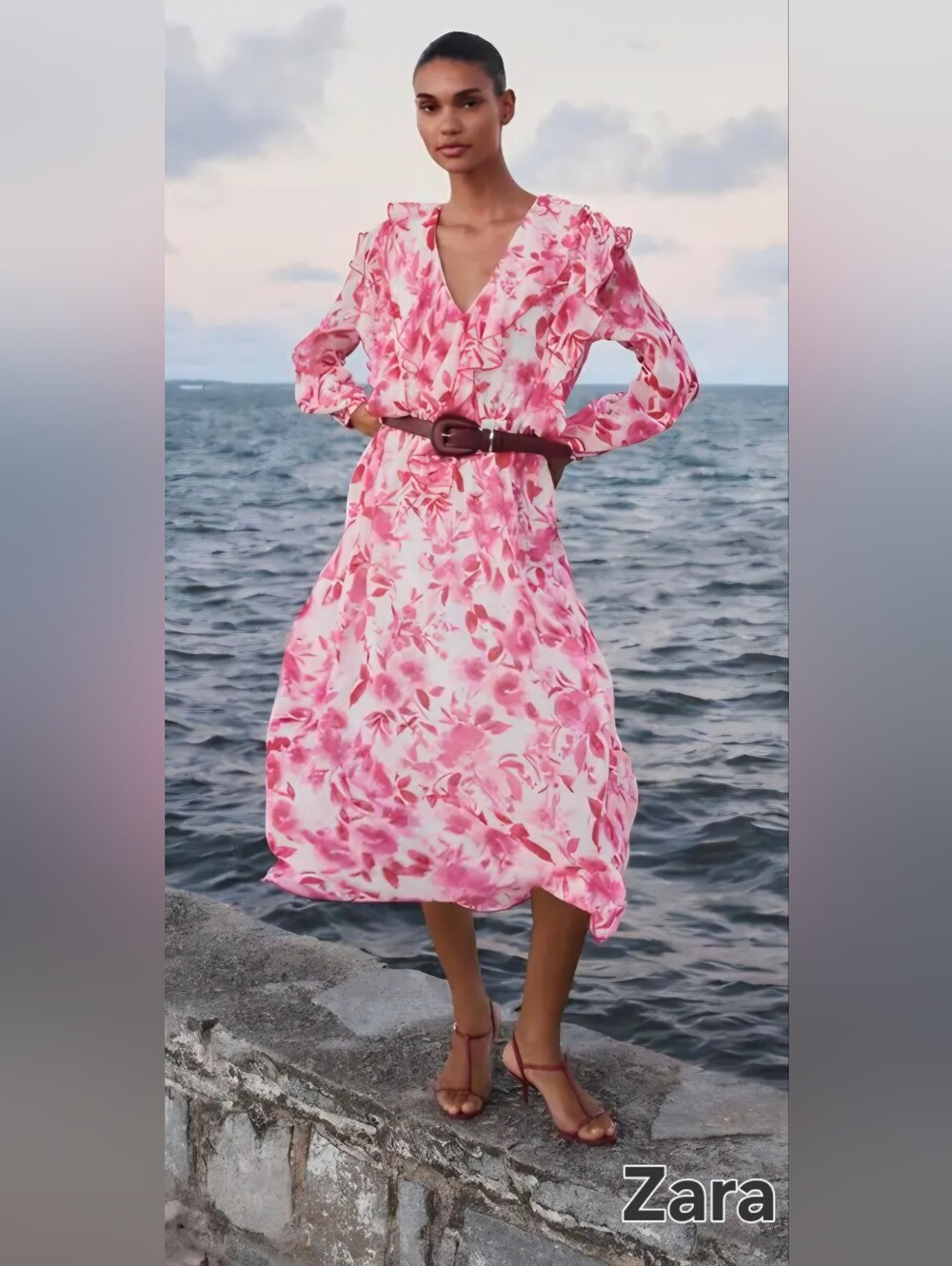 Zara Pink Floral V-Neck Ruffle Midi Dress with Belt
